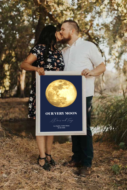 Framed print of a gold moon on a blue background with text.