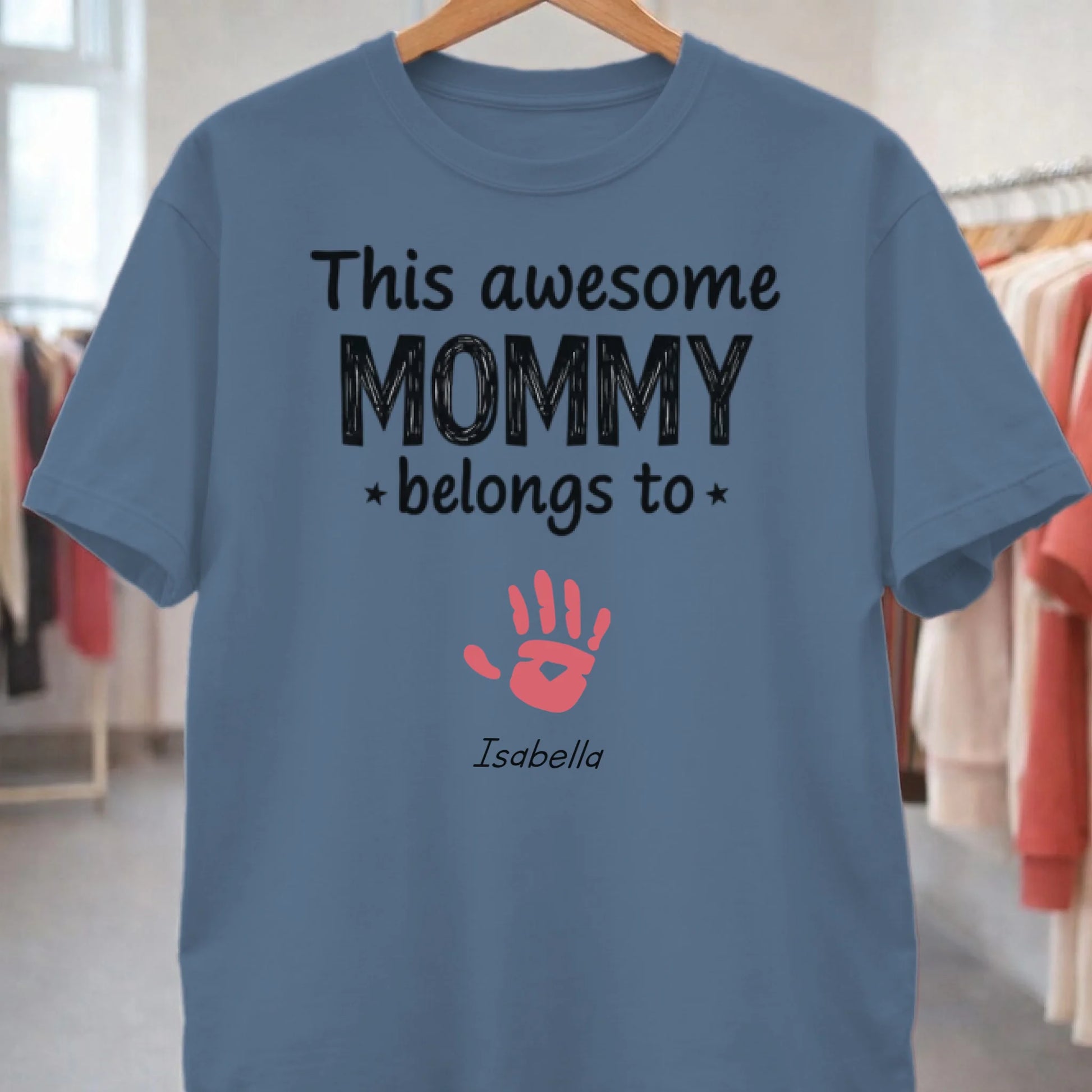 Personalized mommy t-shirt with this awesome mommy belongs to text and handprint front view - Jollimate