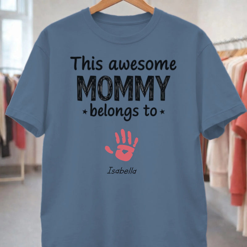 Personalized mommy t-shirt with this awesome mommy belongs to text and handprint front view - Jollimate