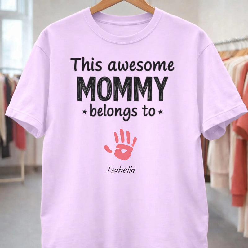 Personalized mommy t-shirt with this awesome mommy belongs to text and handprint front view - Jollimate