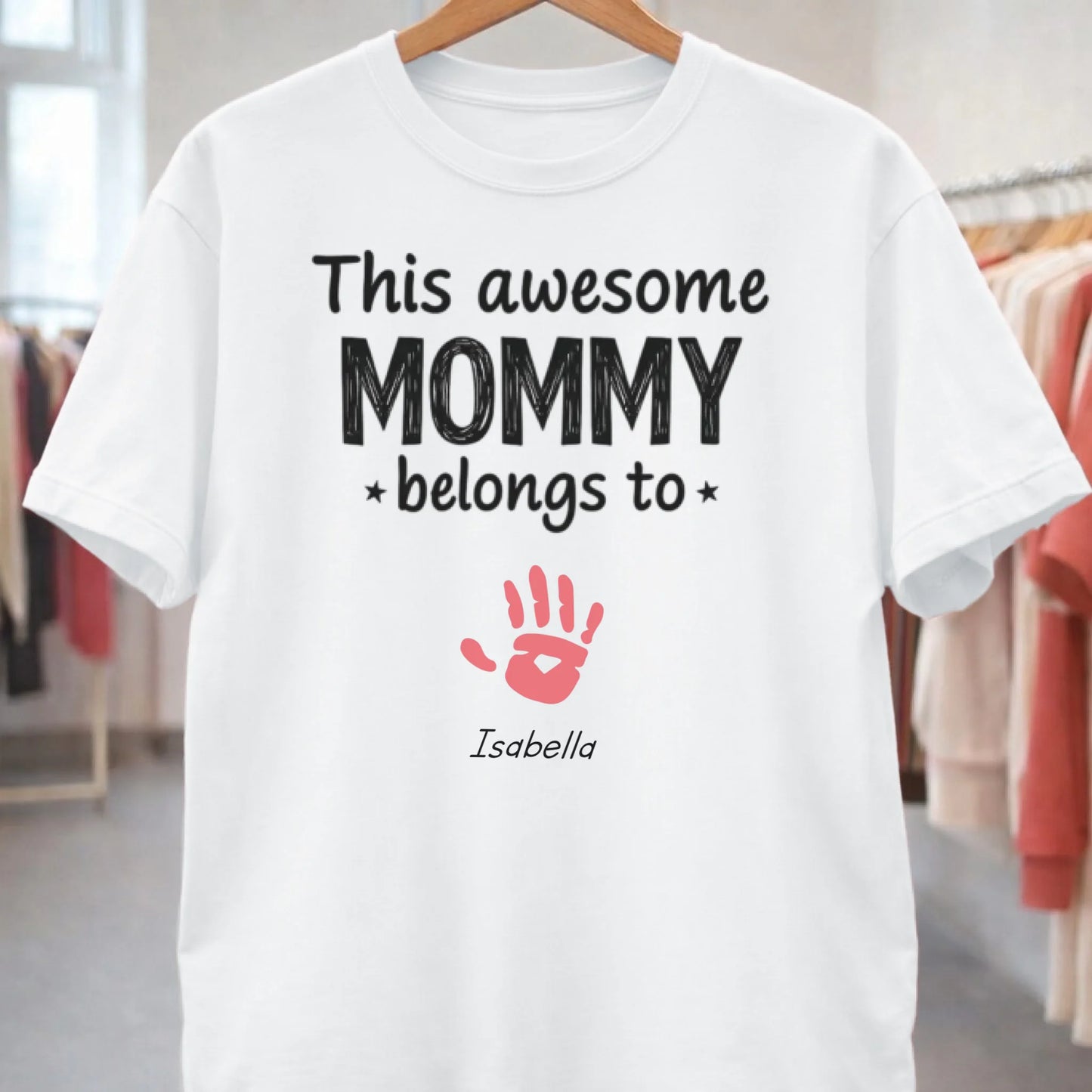 Personalized mommy t-shirt with this awesome mommy belongs to text and handprint front view - Jollimate
