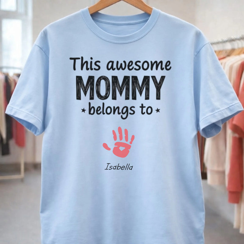 Personalized mommy t-shirt with this awesome mommy belongs to text and handprint front view - Jollimate