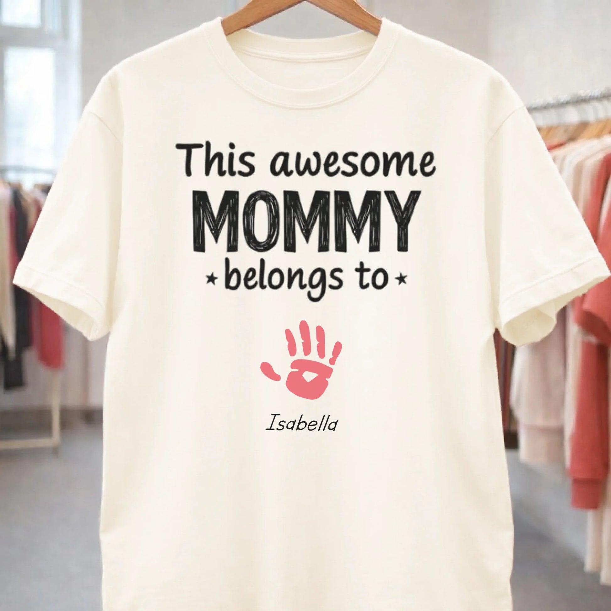 Personalized mommy t-shirt with this awesome mommy belongs to text and handprint front view - Jollimate