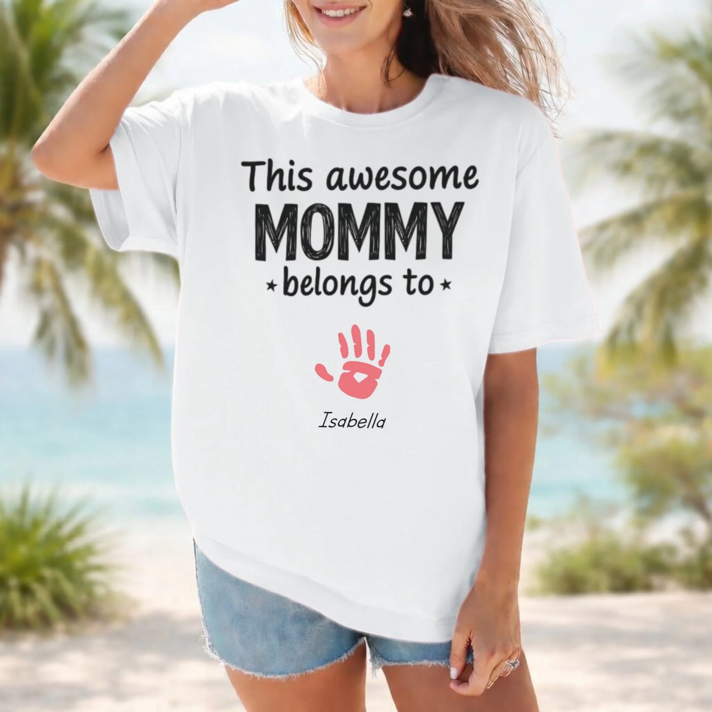 Personalized mommy t-shirt with this awesome mommy belongs to text and handprint front view - Jollimate