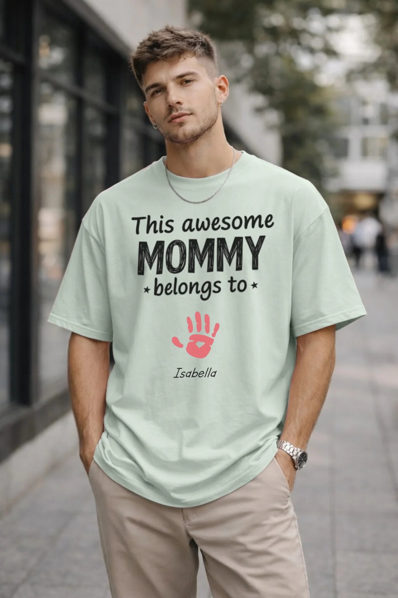 Personalized mommy t-shirt with this awesome mommy belongs to text and handprint front view - Jollimate