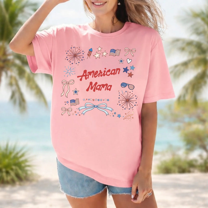 Personalized american mama t-shirt with patriotic stars and bows doodle graphic - Jollimate