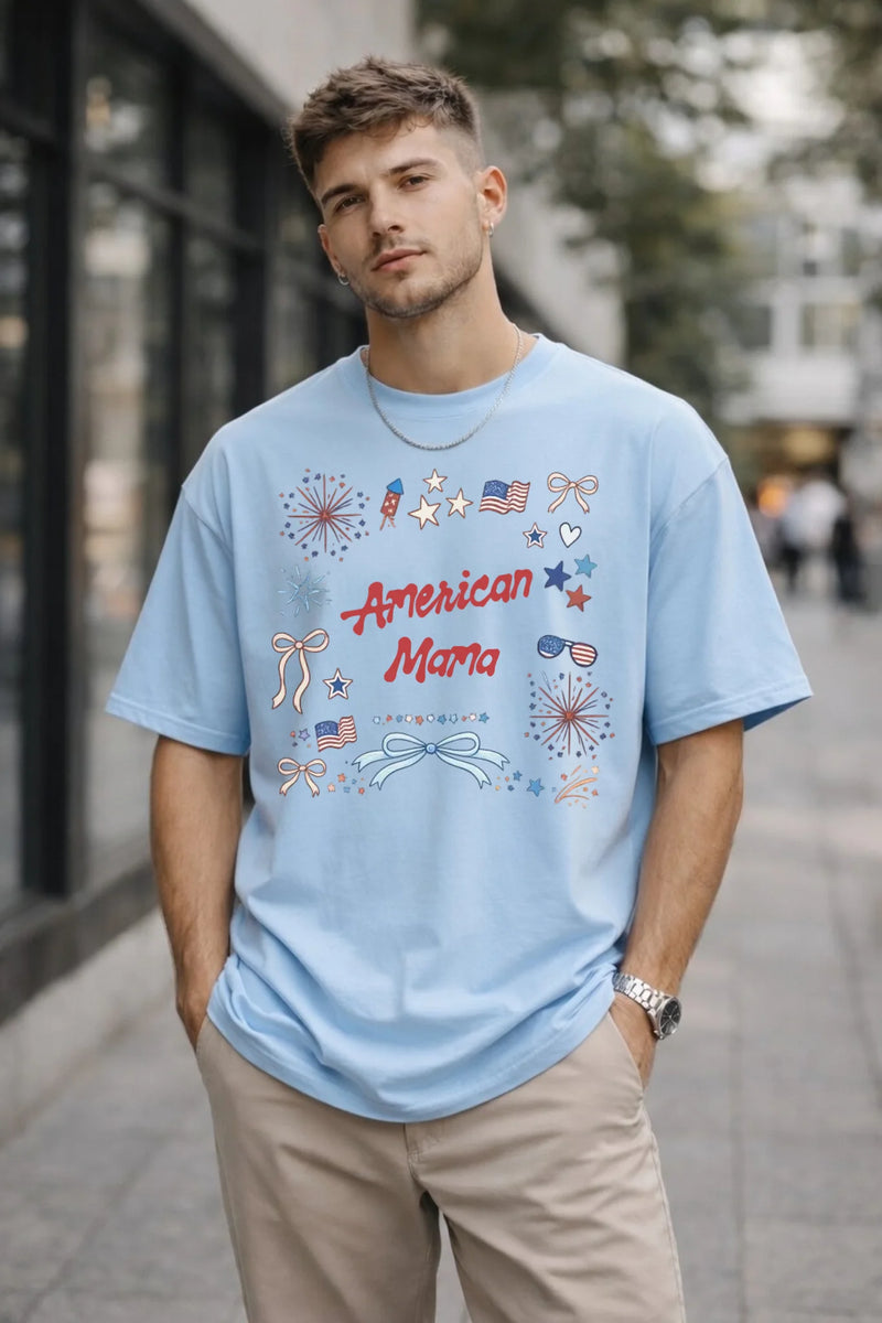 Personalized american mama t-shirt with patriotic stars and bows doodle graphic - Jollimate