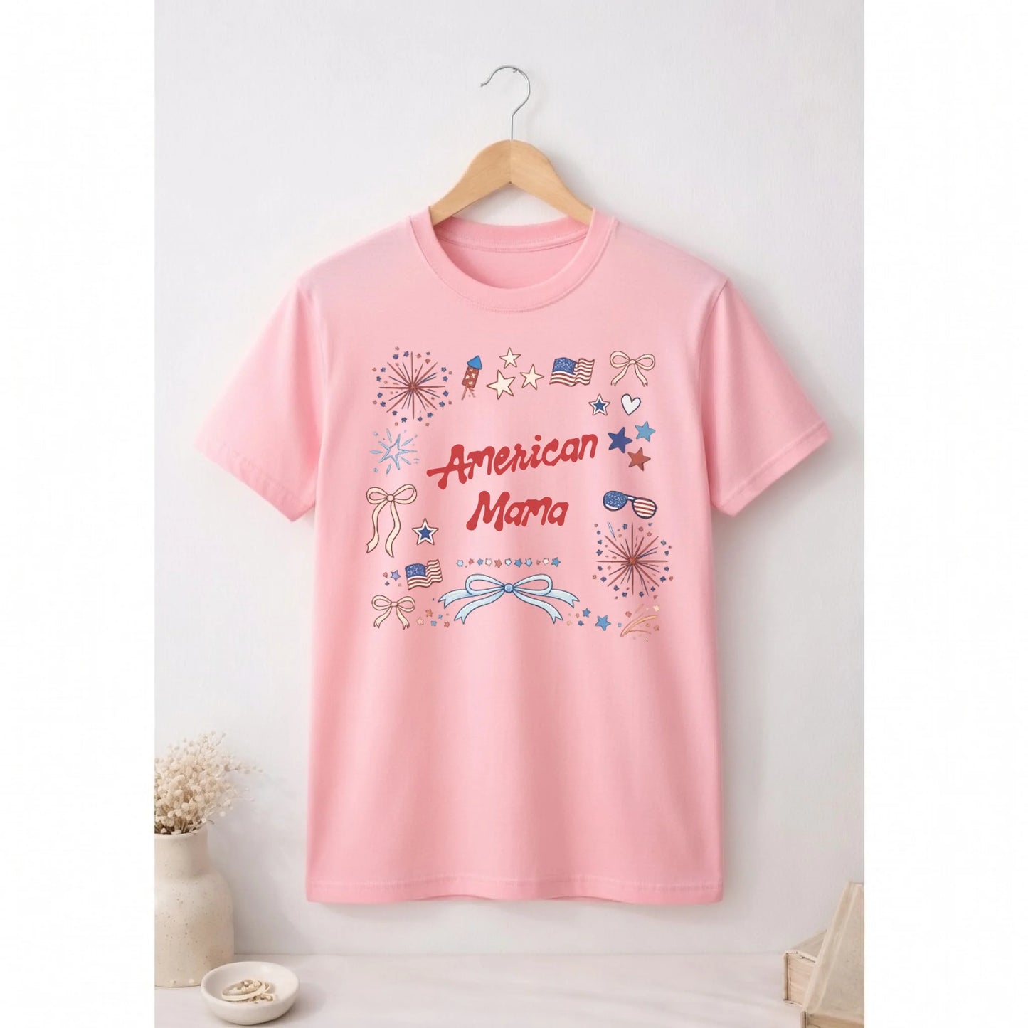 Personalized american mama t-shirt with patriotic stars and bows doodle graphic - Jollimate