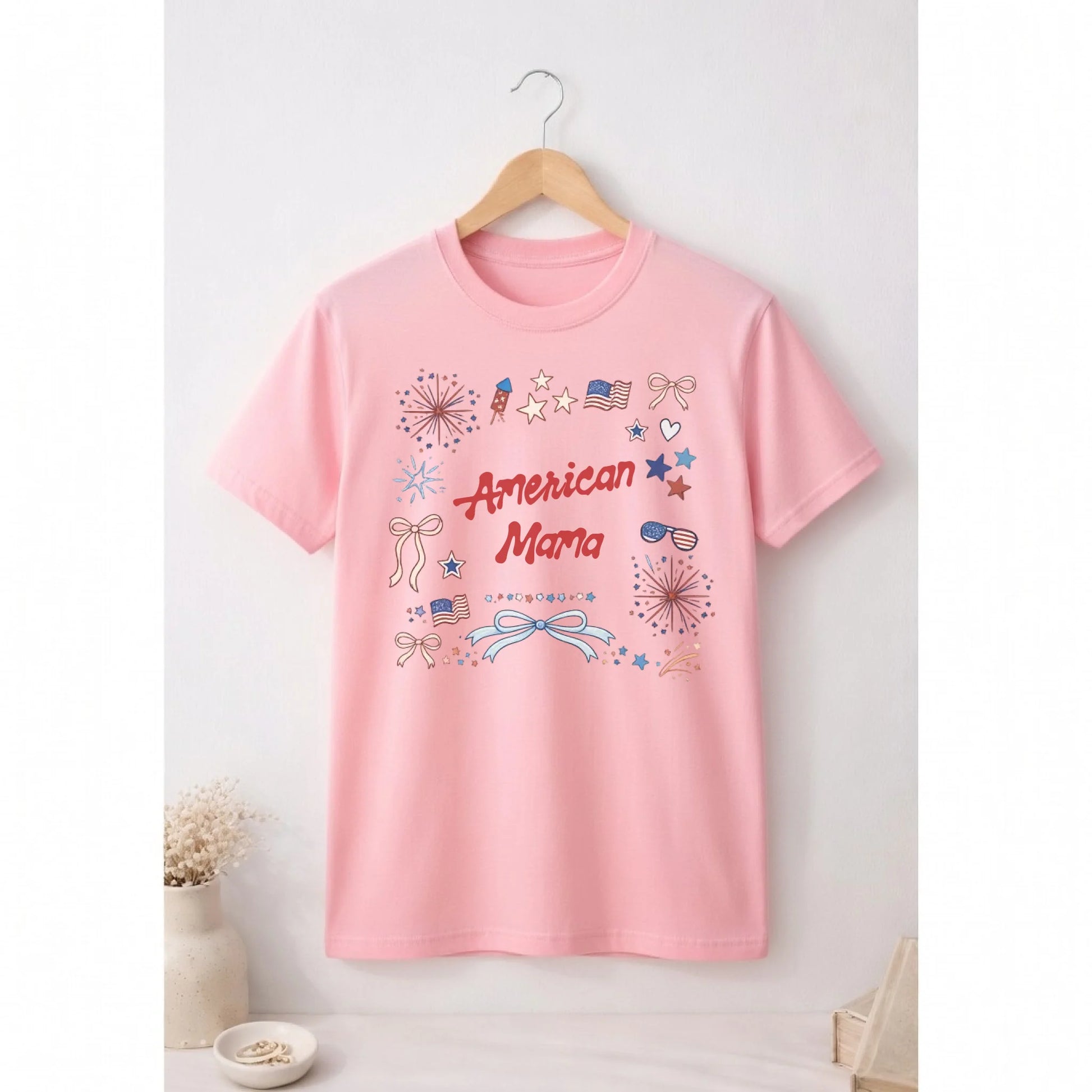 Personalized american mama t-shirt with patriotic stars and bows doodle graphic - Jollimate