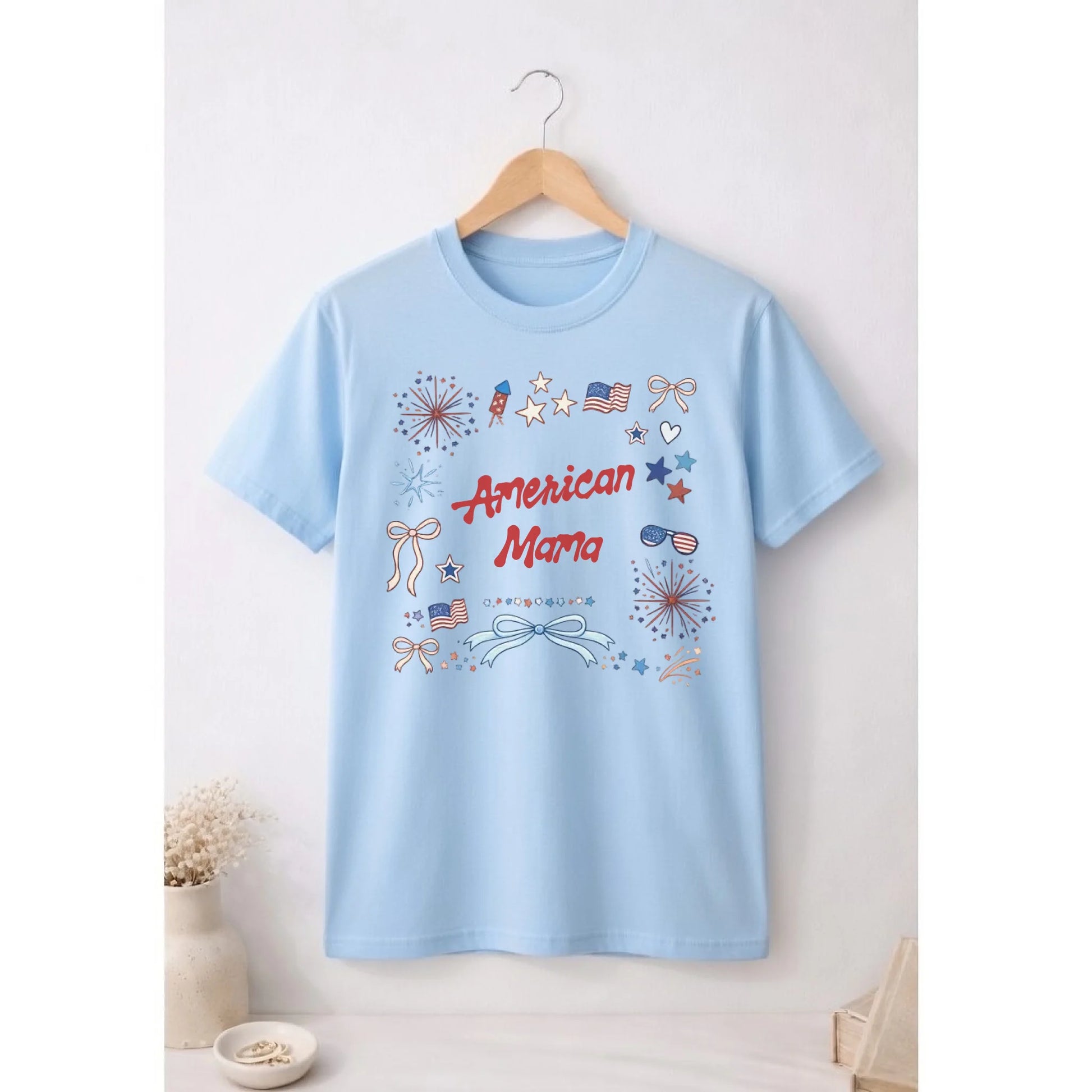 Personalized american mama t-shirt with patriotic stars and bows doodle graphic - Jollimate