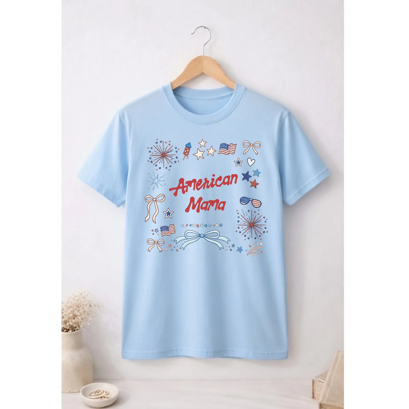 Personalized american mama t-shirt with patriotic stars and bows doodle graphic - Jollimate