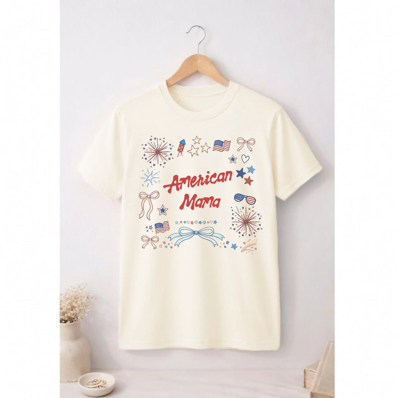 Personalized american mama t-shirt with patriotic stars and bows doodle graphic - Jollimate