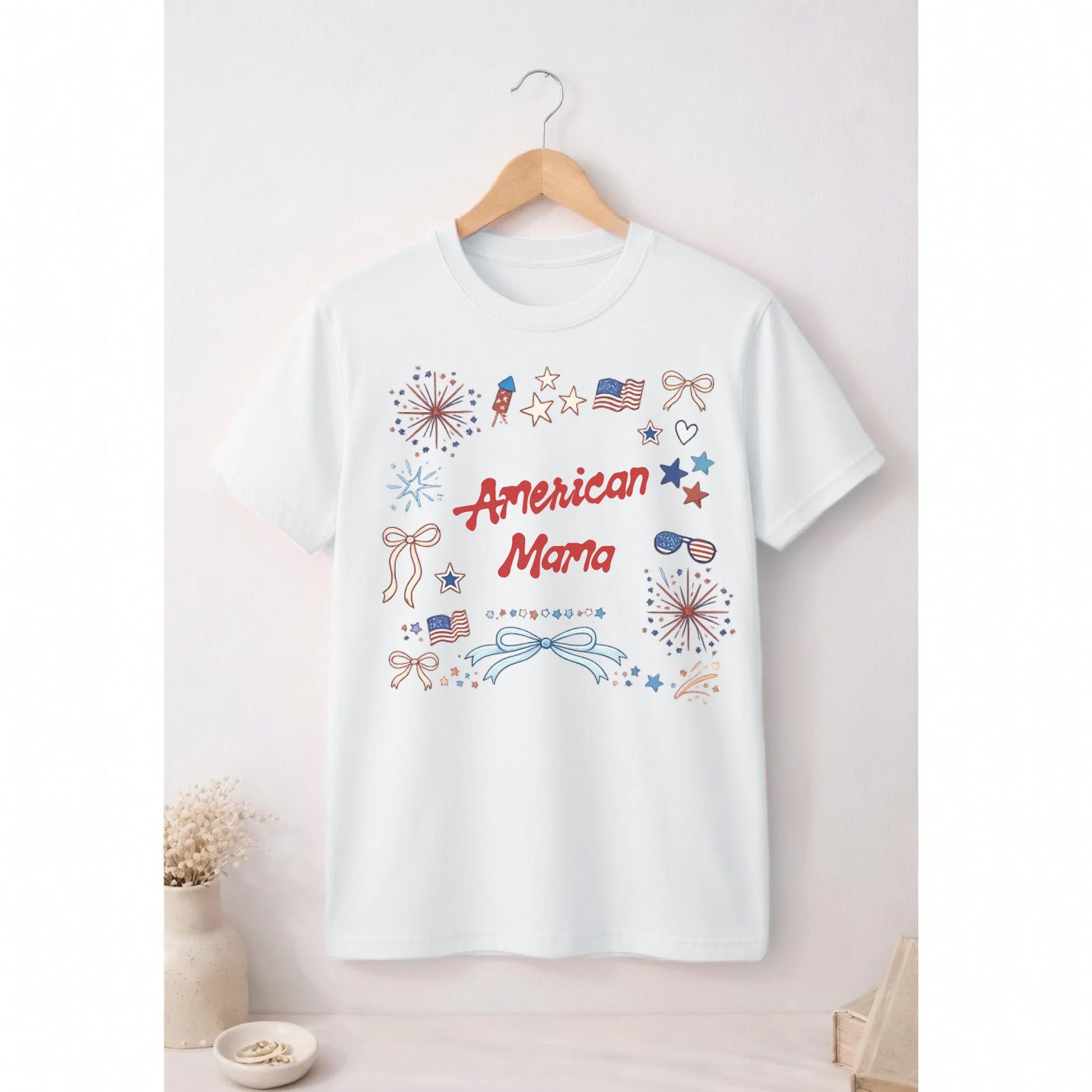 Personalized american mama t-shirt with patriotic stars and bows doodle graphic - Jollimate