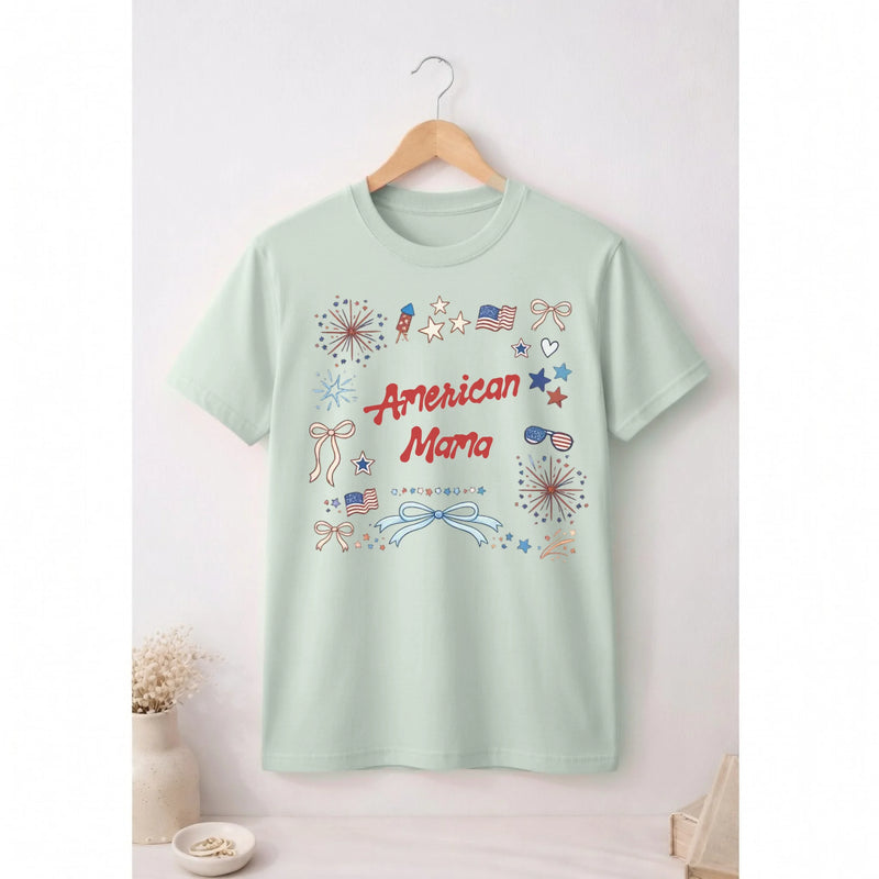 Personalized american mama t-shirt with patriotic stars and bows doodle graphic - Jollimate