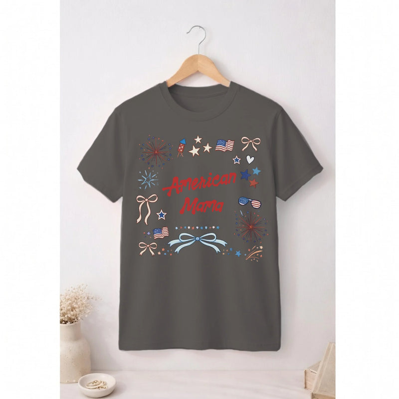 Personalized american mama t-shirt with patriotic stars and bows doodle graphic - Jollimate