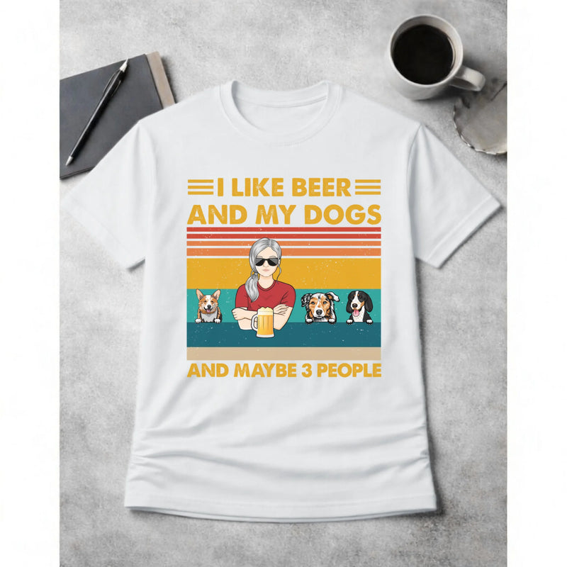 White t-shirt with a graphic design featuring text and images of a person and dogs on a gray surface.