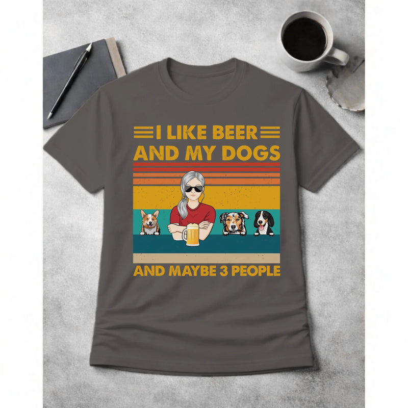 Gray t-shirt with a graphic design featuring a person with sunglasses, beer, and dogs on a concrete surface.