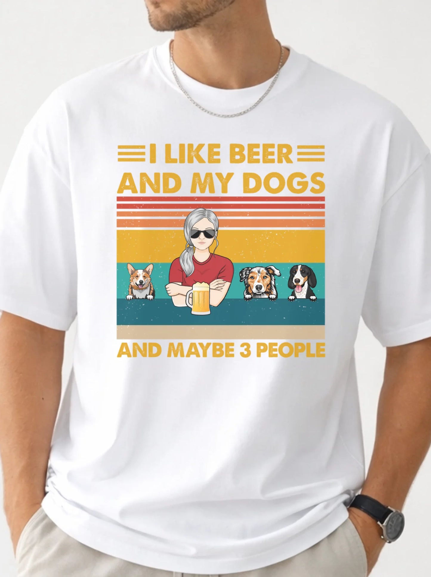White t-shirt with graphic design featuring a person with dogs and text 'I like beer and my dogs and maybe 3 people' on a white background.