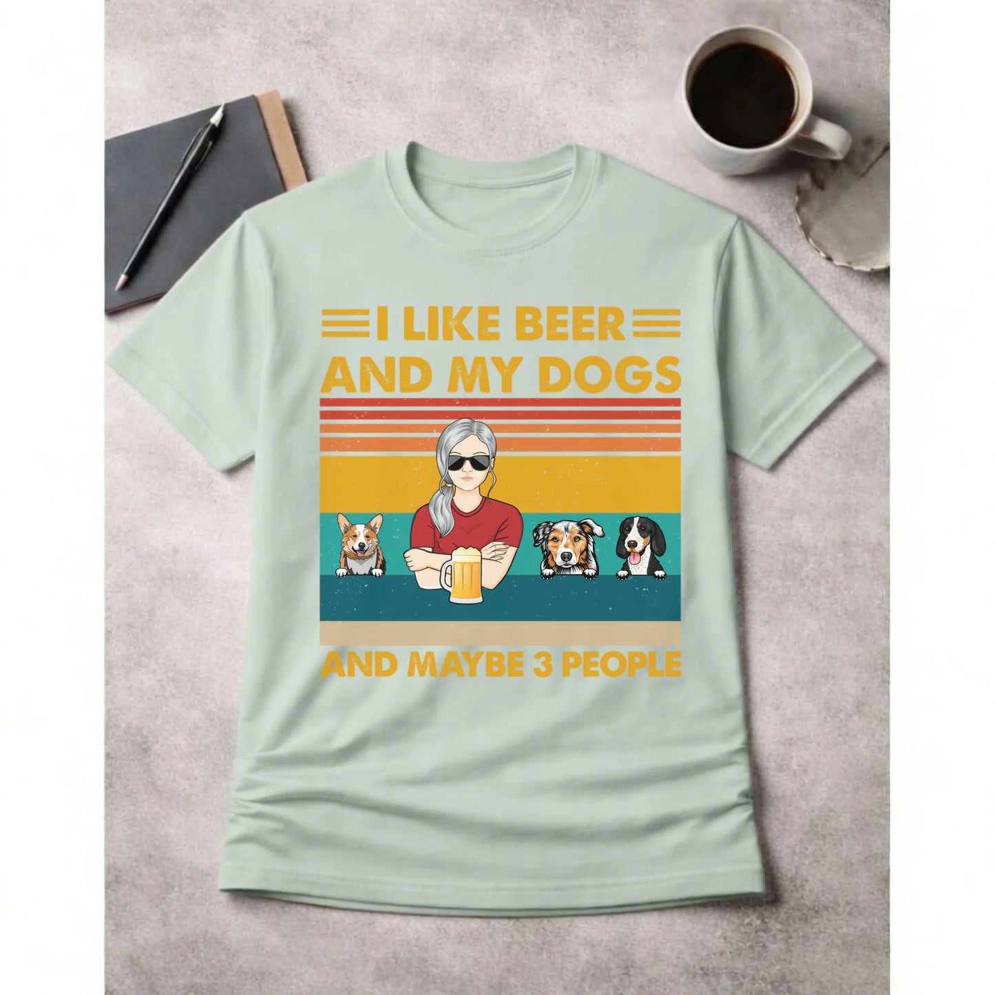 Bay t-shirt with graphic design and text on a gray surface with a cup of coffee.