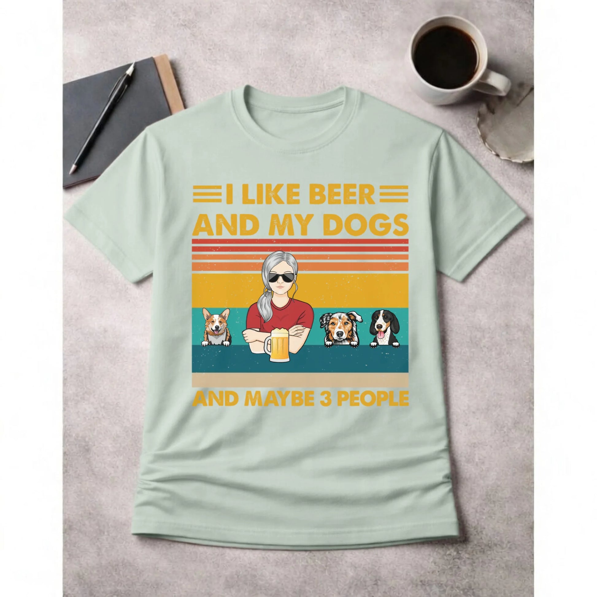 Bay t-shirt with graphic design and text on a gray surface with a cup of coffee.