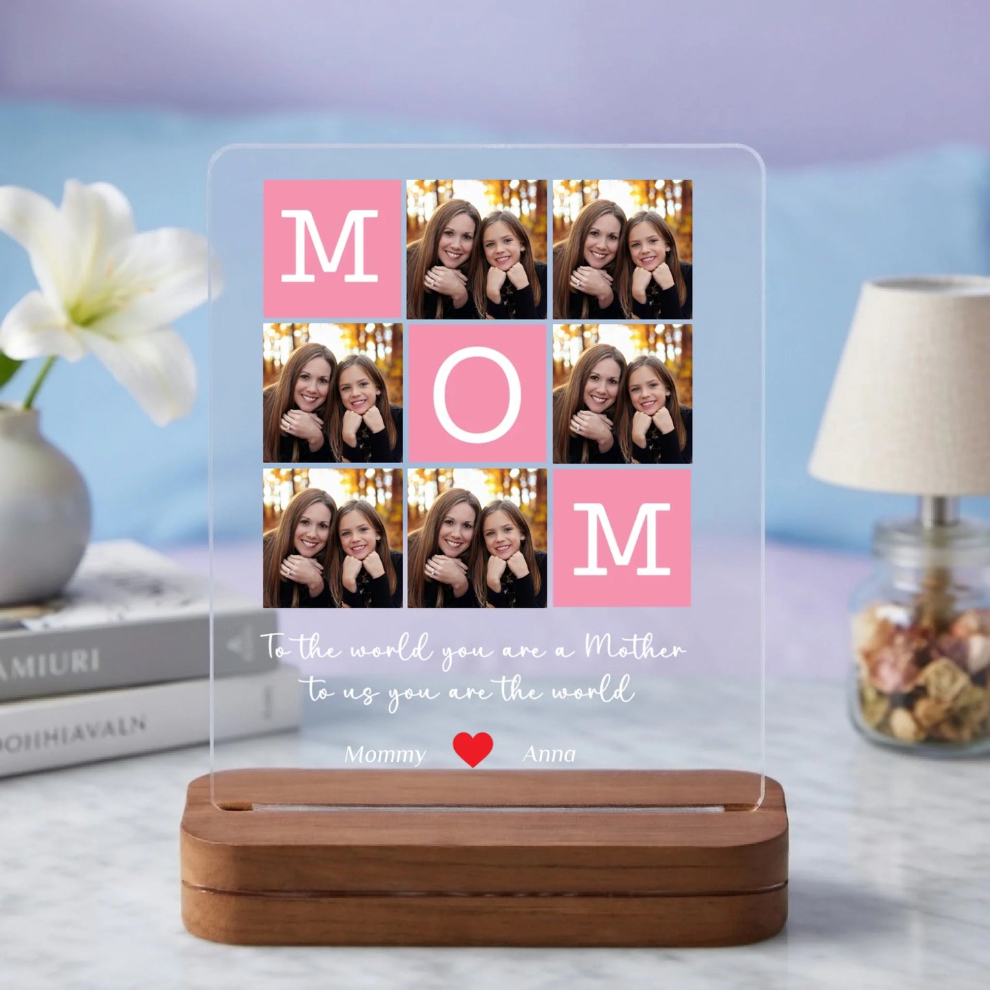 Personalized mom acrylic plaque with tic-tac-toe photo grid and pink squares front view - Jollimate