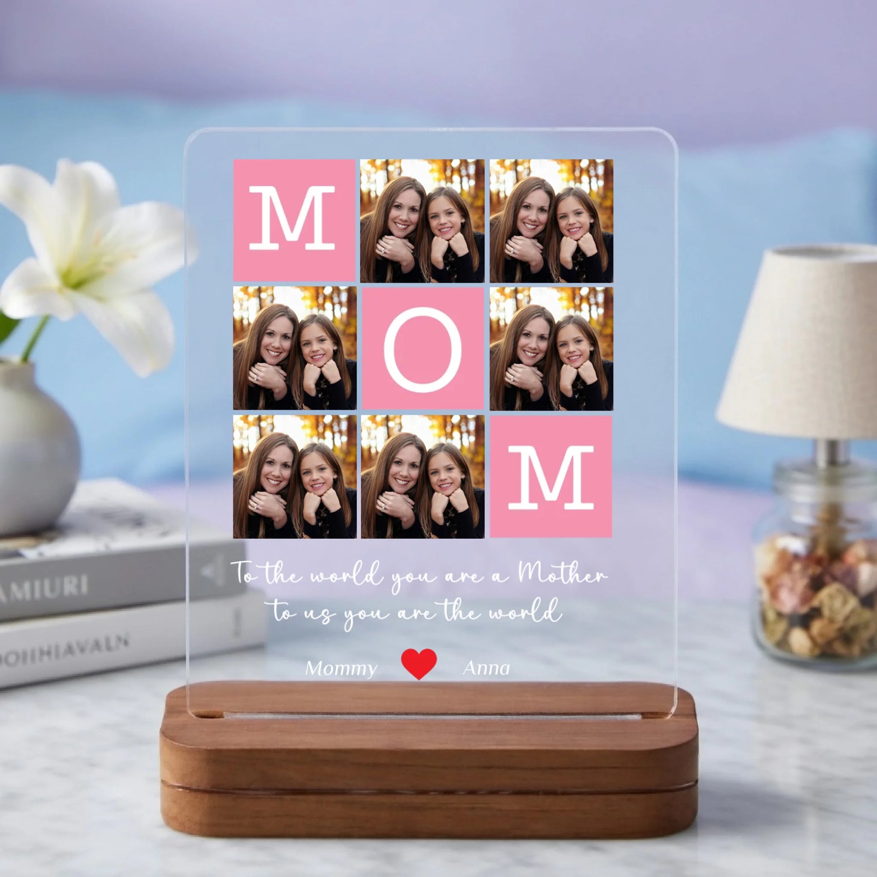 Personalized mom acrylic plaque with tic-tac-toe photo grid and pink squares front view - Jollimate
