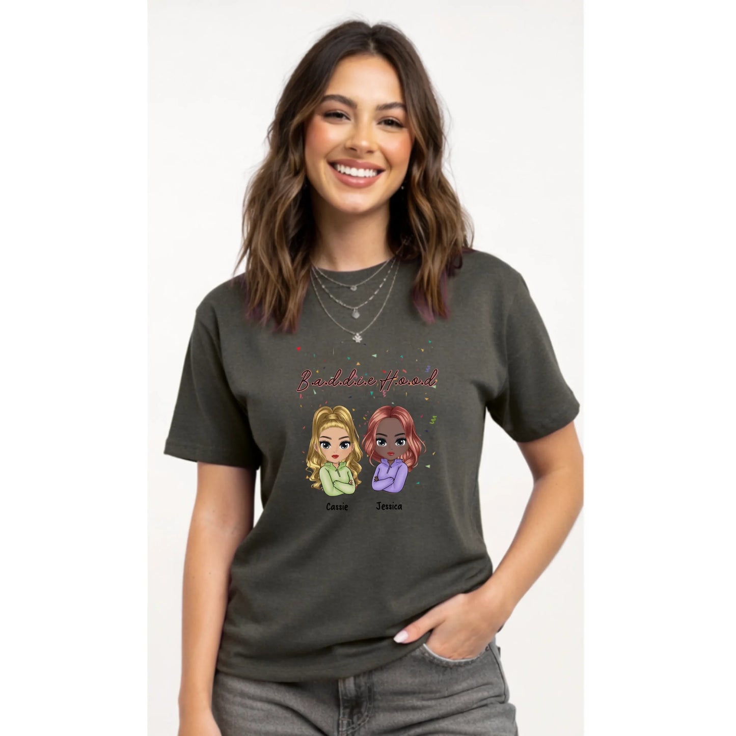 Woman wearing a dark gray t-shirt with cartoon characters and text on a white background