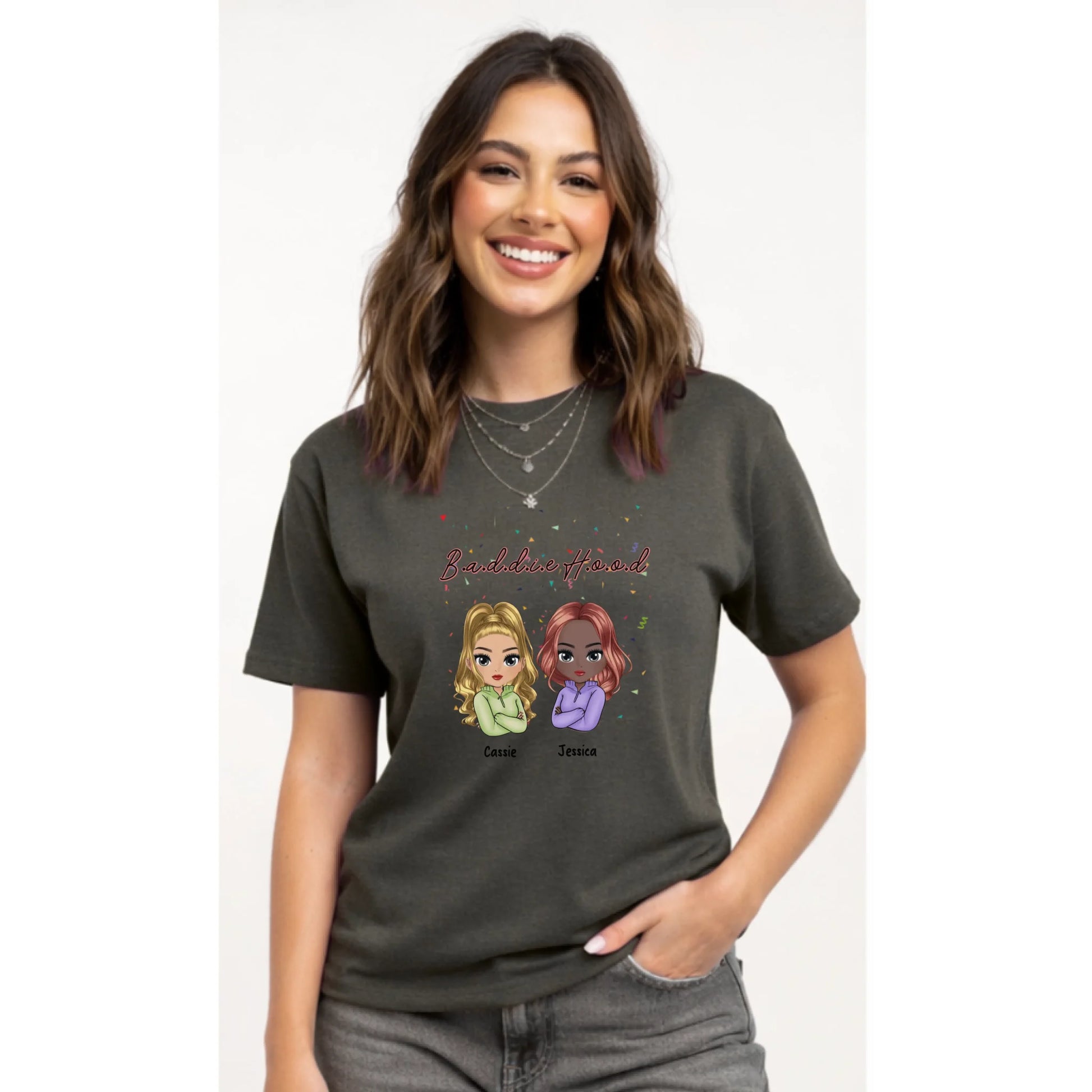 Woman wearing a dark gray t-shirt with cartoon characters and text on a white background