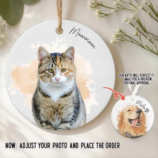 Personalized pet lover ceramic ornament in white with three custom watercolor pet portraits - Jollimate