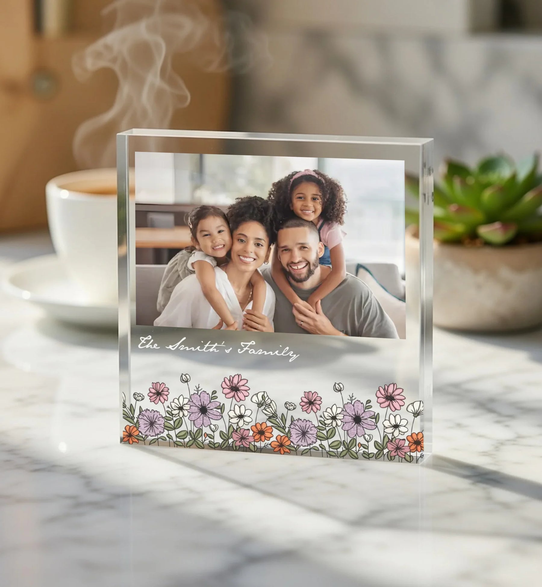 Personalized family acrylic block with wildflowers and custom name front view - Jollimate