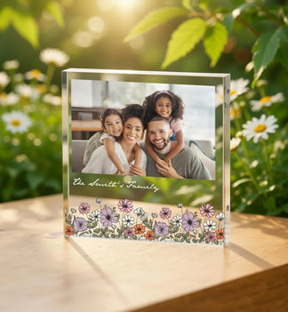 Personalized family acrylic block with wildflowers and custom name front view - Jollimate