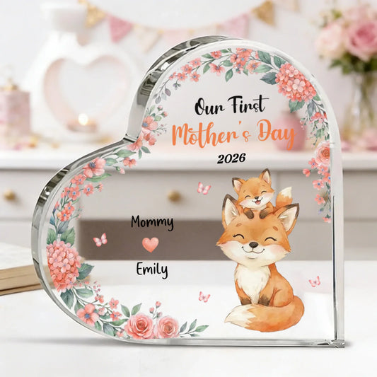 Personalized first mothers day heart acrylic plaque with cute foxes and pink flowers front view - Jollimate