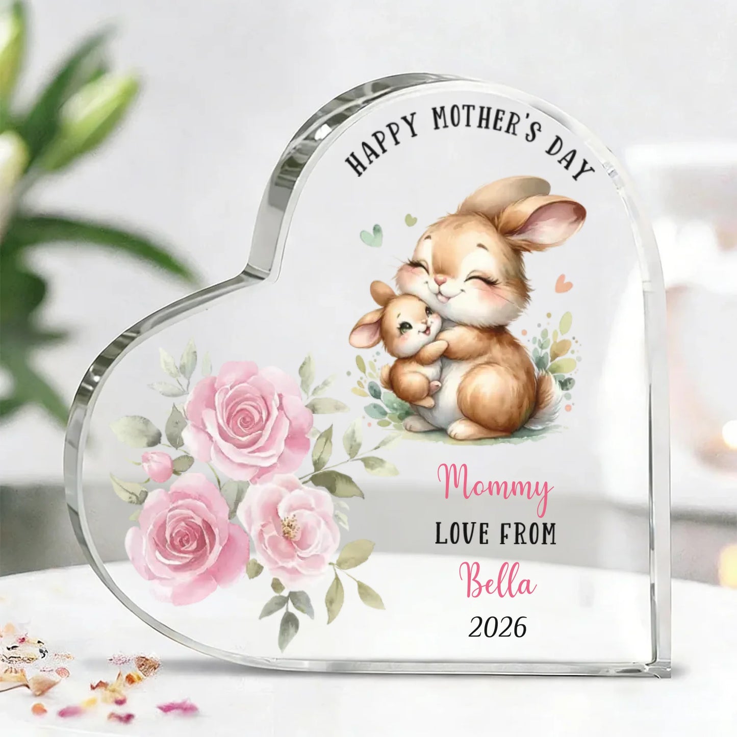 Personalized bunny mom heart acrylic plaque with pink roses and custom names front view - Jollimate