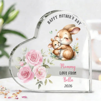 Personalized bunny mom heart acrylic plaque with pink roses and custom names front view - Jollimate