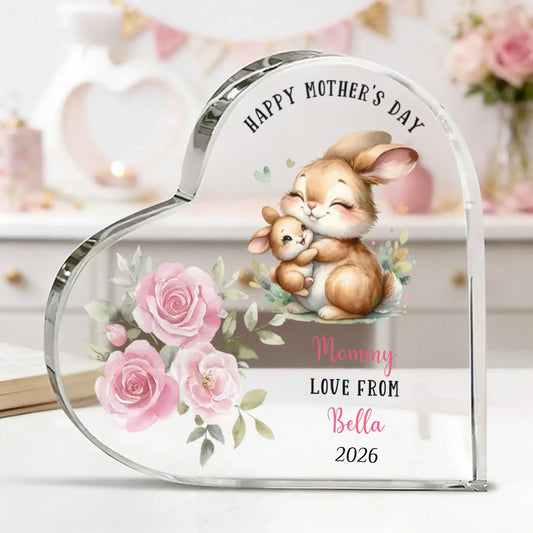 Personalized bunny mom heart acrylic plaque with pink roses and custom names front view - Jollimate