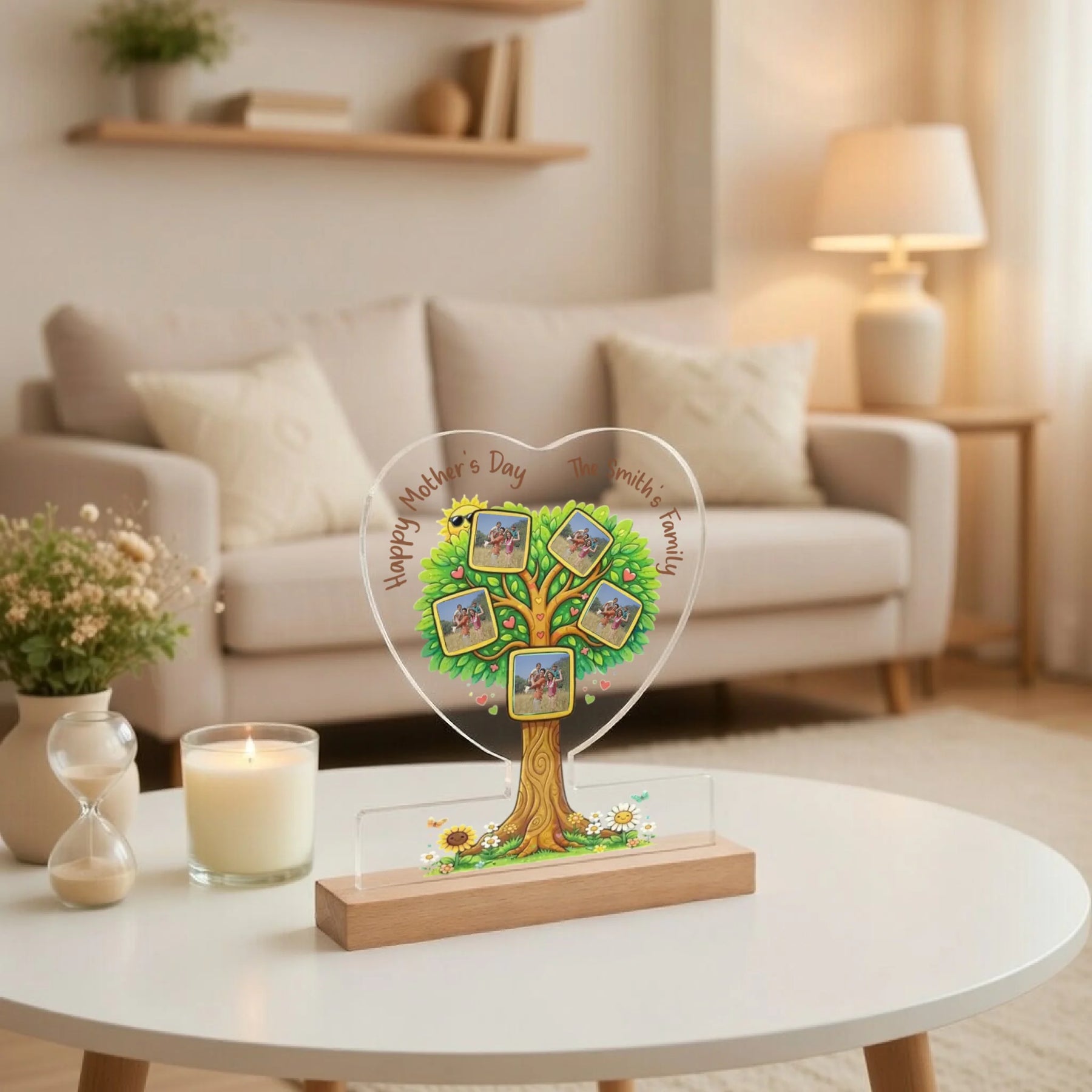 Custom family tree heart acrylic plaque with 5 photos and sunflowers front view - Jollimate