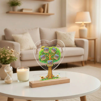Custom family tree heart acrylic plaque with 5 photos and sunflowers front view - Jollimate