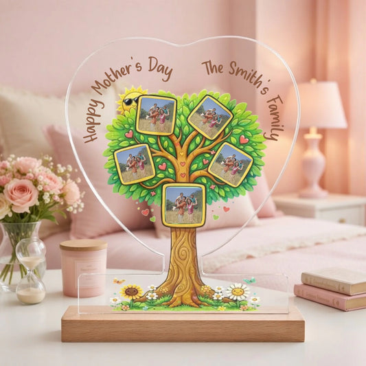 Custom family tree heart acrylic plaque with 5 photos and sunflowers front view - Jollimate