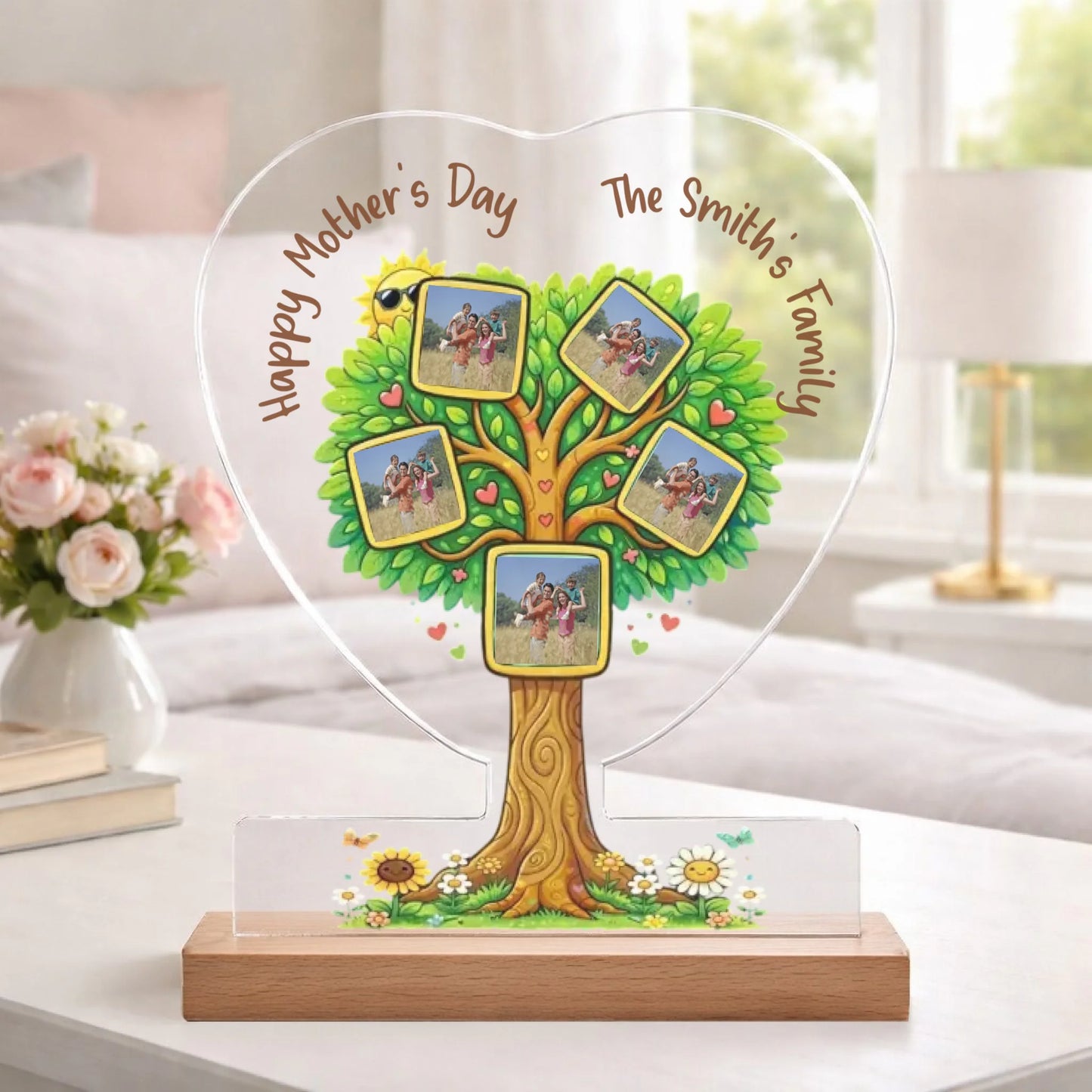 Custom family tree heart acrylic plaque with 5 photos and sunflowers front view - Jollimate