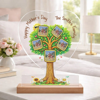 Custom family tree heart acrylic plaque with 5 photos and sunflowers front view - Jollimate