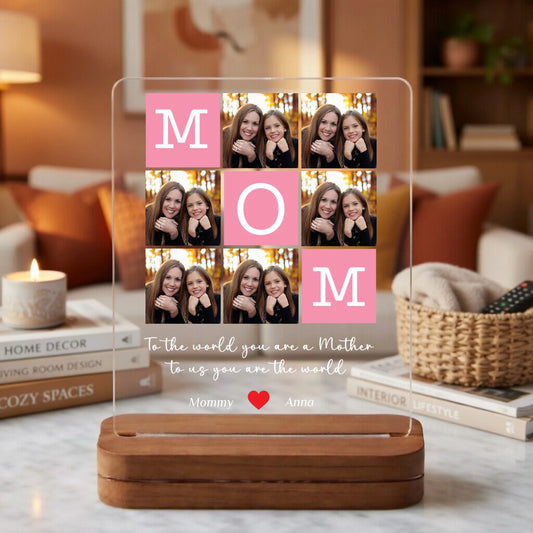 Personalized mom acrylic plaque with tic-tac-toe photo grid and pink squares front view - Jollimate
