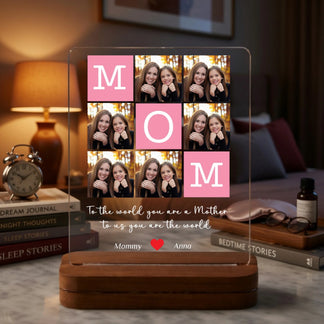 Personalized mom acrylic plaque with tic-tac-toe photo grid and pink squares front view - Jollimate