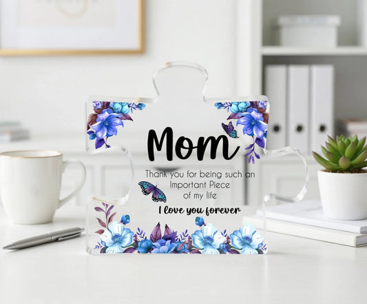 Personalized mom acrylic puzzle plaque with blue flowers and butterflies front view - Jollimate