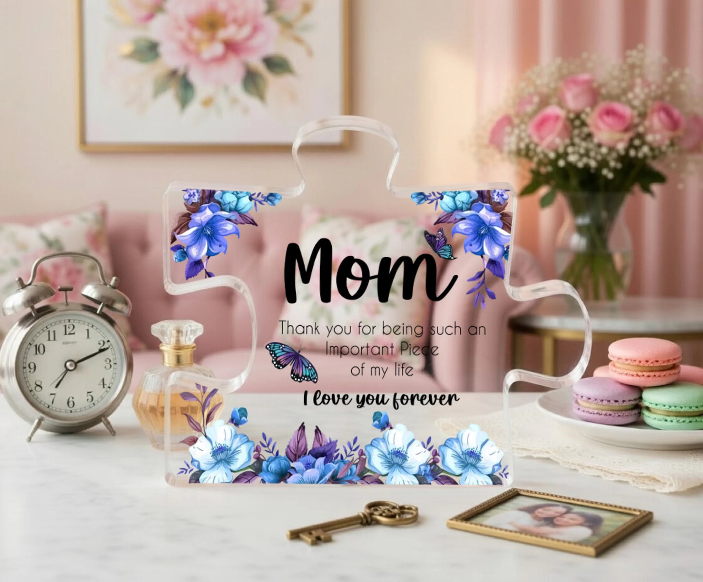 Personalized mom acrylic puzzle plaque with blue flowers and butterflies front view - Jollimate