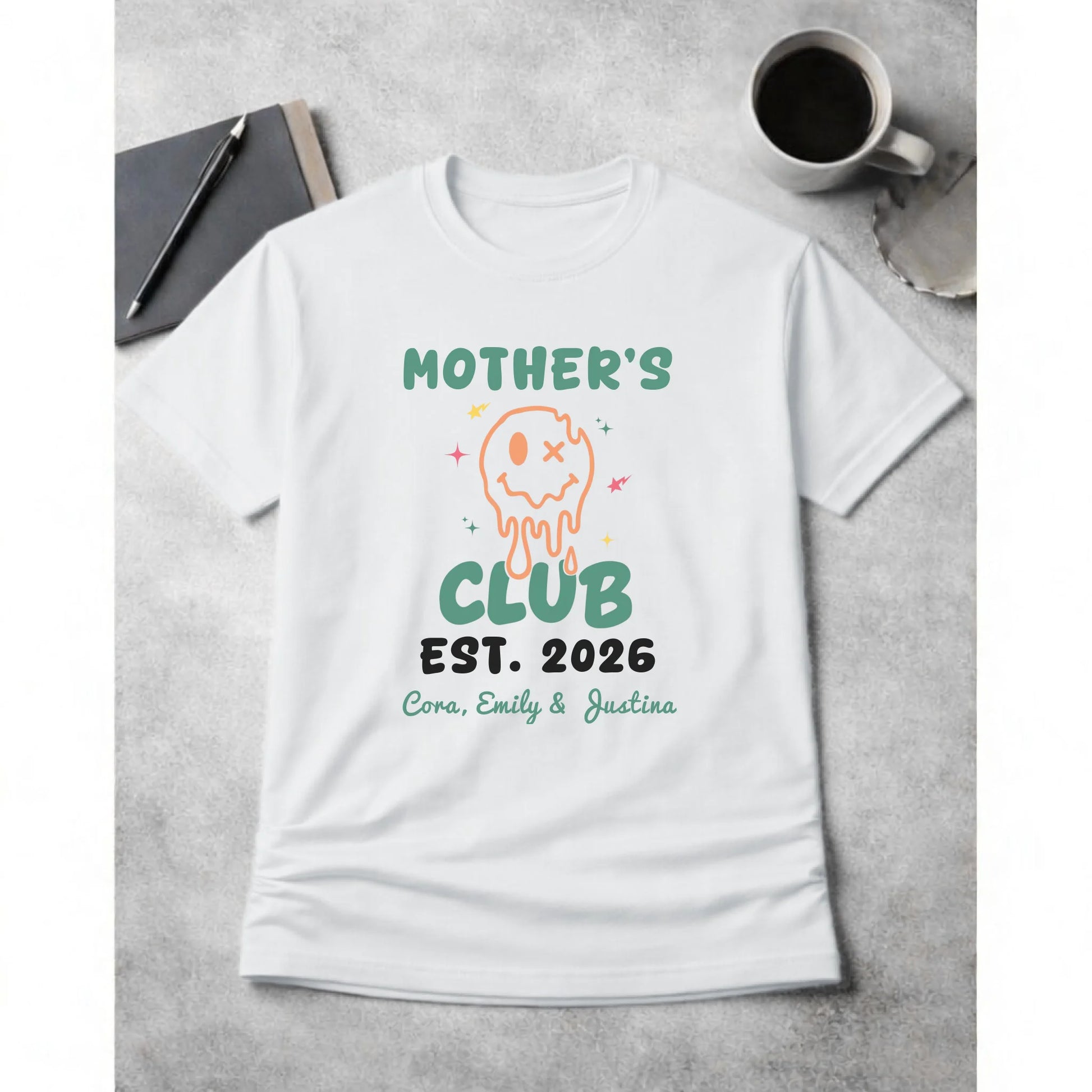 Personalized mom t-shirt in white with melting smiley face and kids names front view - Jollimate