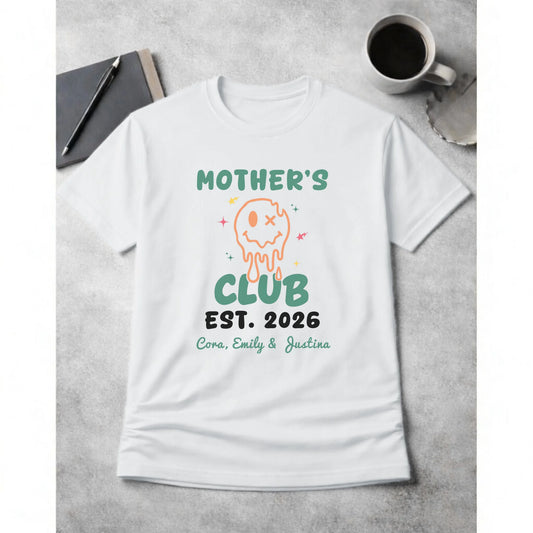Personalized mom t-shirt in white with melting smiley face and kids names front view - Jollimate