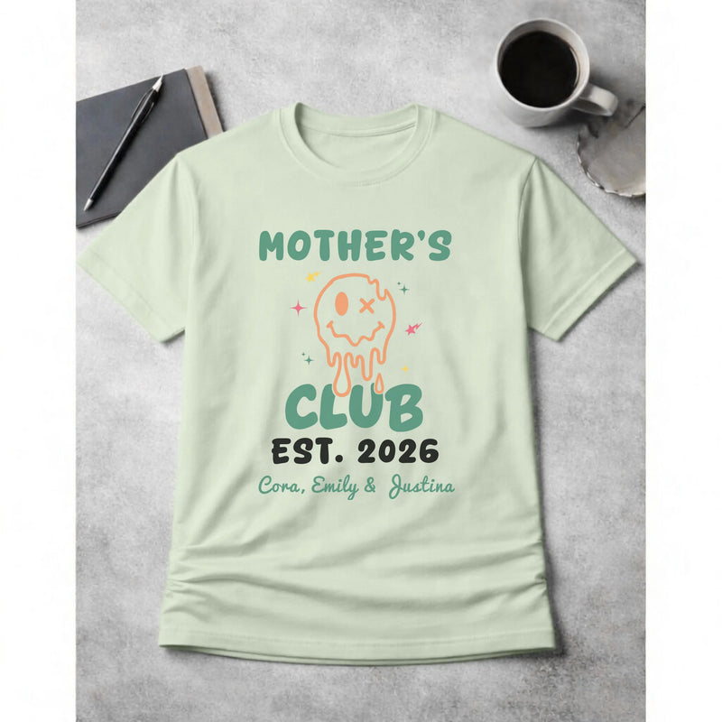 Personalized mom t-shirt in bay with melting smiley face and kids names front view - Jollimate