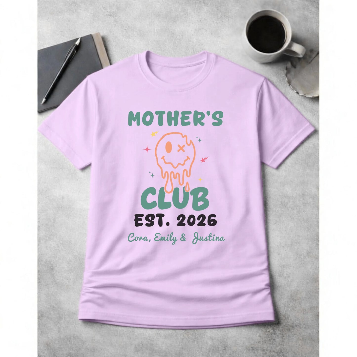 Personalized mom t-shirt in orchid with melting smiley face and kids names front view - Jollimate