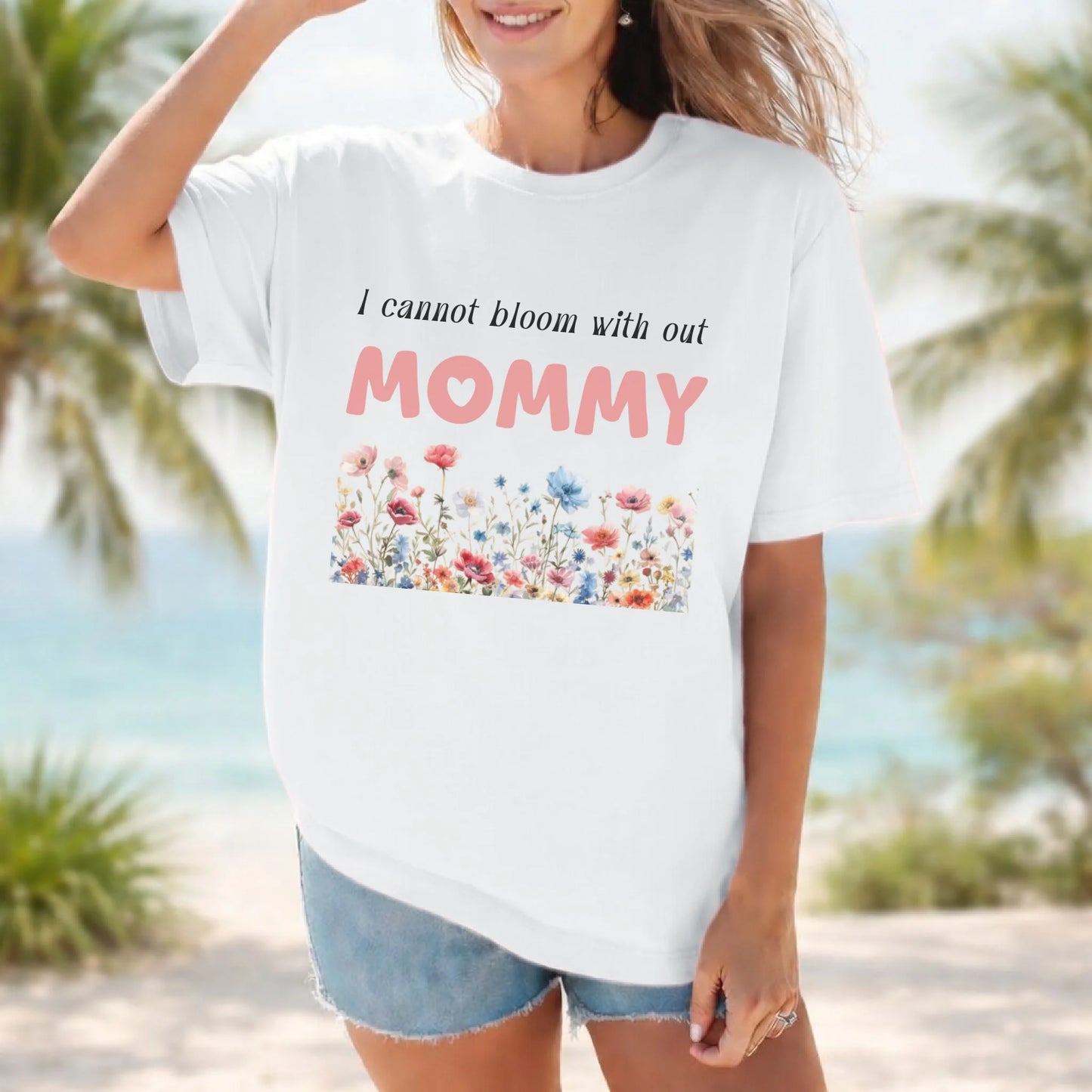 Personalized mommy t-shirt in white with wildflowers graphic and text front view - Jollimate