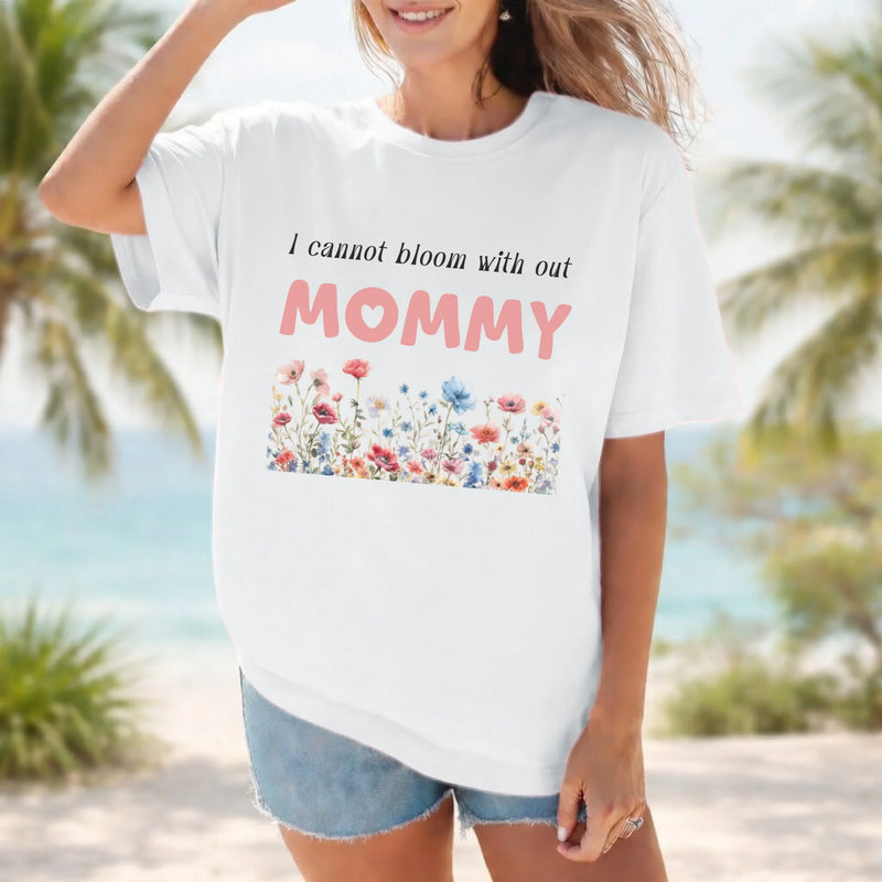 Personalized mommy t-shirt in white with wildflowers graphic and text front view - Jollimate